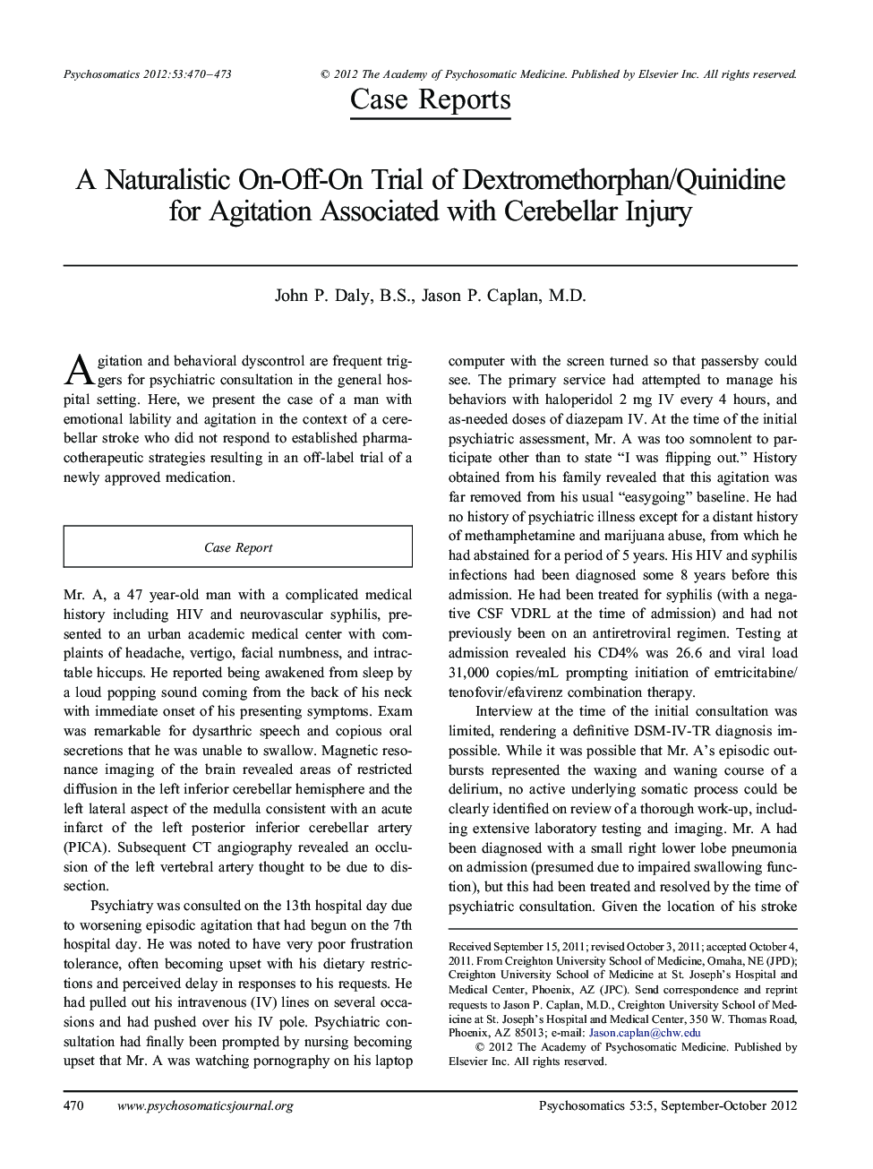 A Naturalistic On-Off-On Trial of Dextromethorphan/Quinidine for Agitation Associated with Cerebellar Injury