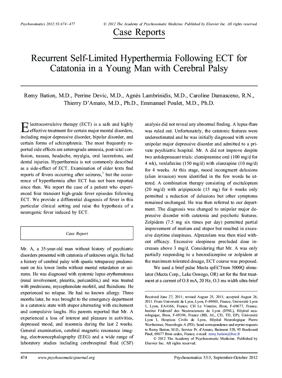 Recurrent Self-Limited Hyperthermia Following ECT for Catatonia in a Young Man with Cerebral Palsy