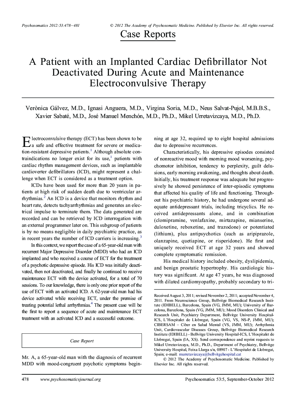 A Patient with an Implanted Cardiac Defibrillator Not Deactivated During Acute and Maintenance Electroconvulsive Therapy