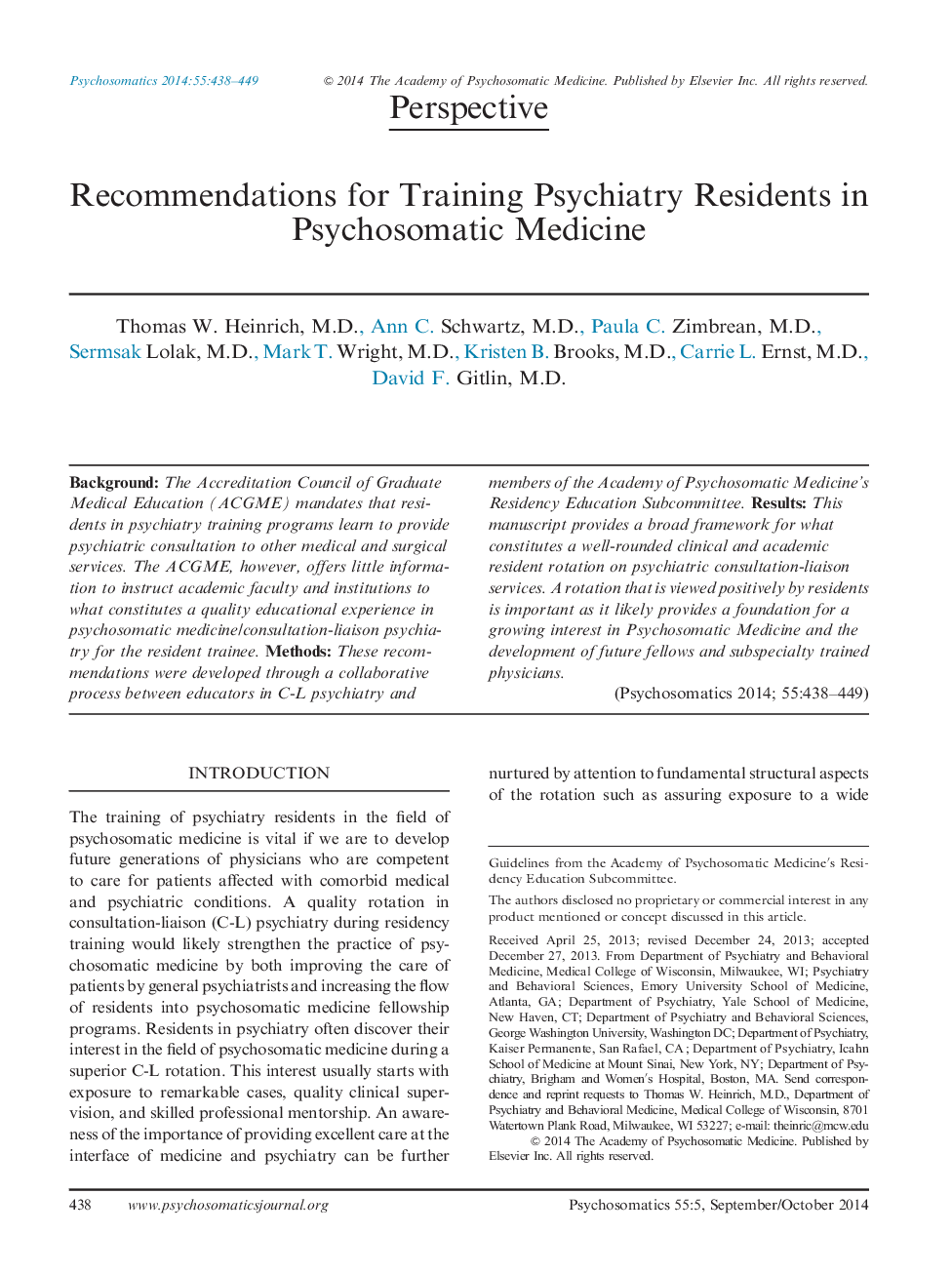 Recommendations for Training Psychiatry Residents in Psychosomatic Medicine 