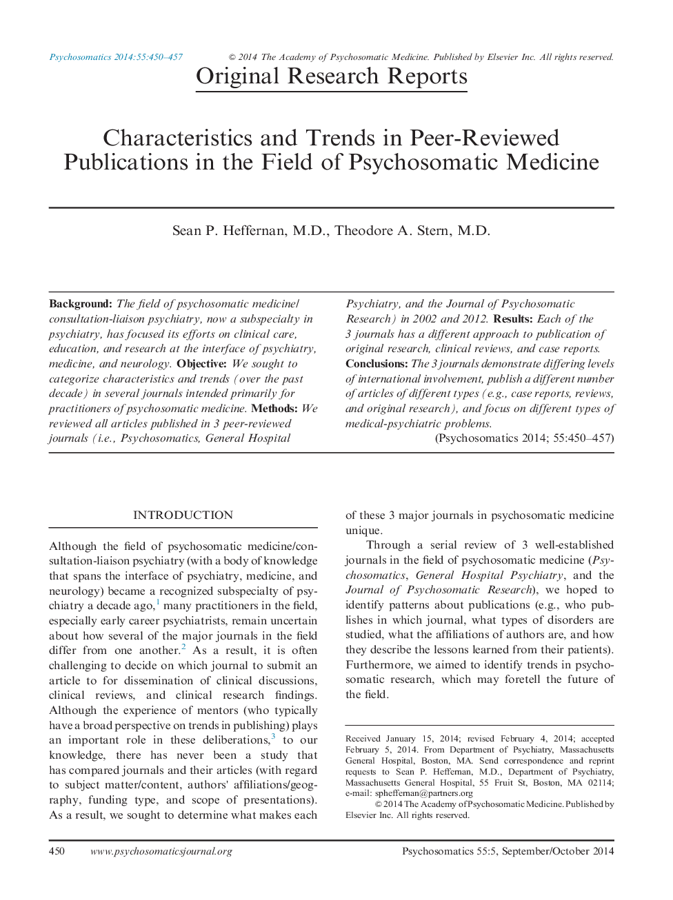 Characteristics and Trends in Peer-Reviewed Publications in the Field of Psychosomatic Medicine