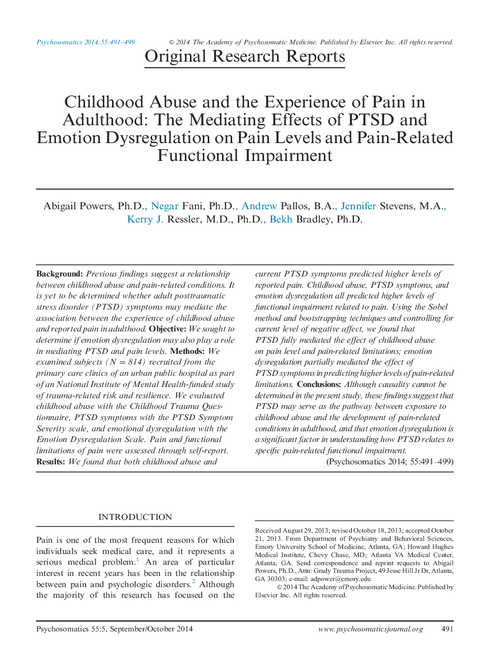Childhood Abuse and the Experience of Pain in Adulthood: The Mediating Effects of PTSD and Emotion Dysregulation on Pain Levels and Pain-Related Functional Impairment