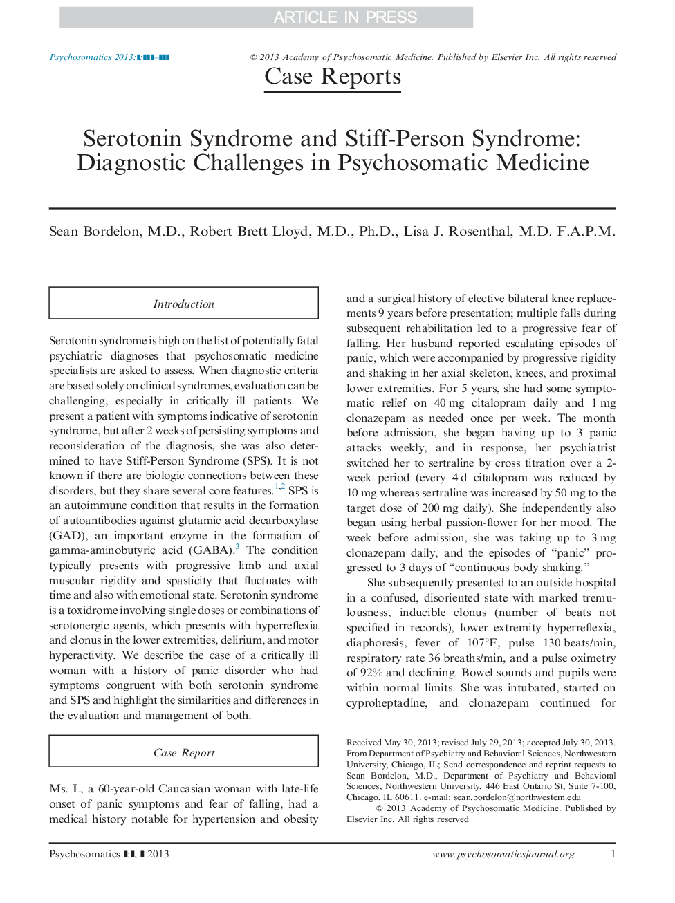 Serotonin Syndrome and Stiff-Person Syndrome: Diagnostic Challenges in Psychosomatic Medicine