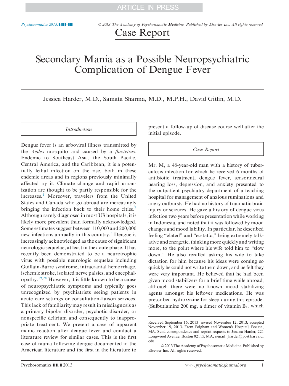 Secondary Mania as a Possible Neuropsychiatric Complication of Dengue Fever