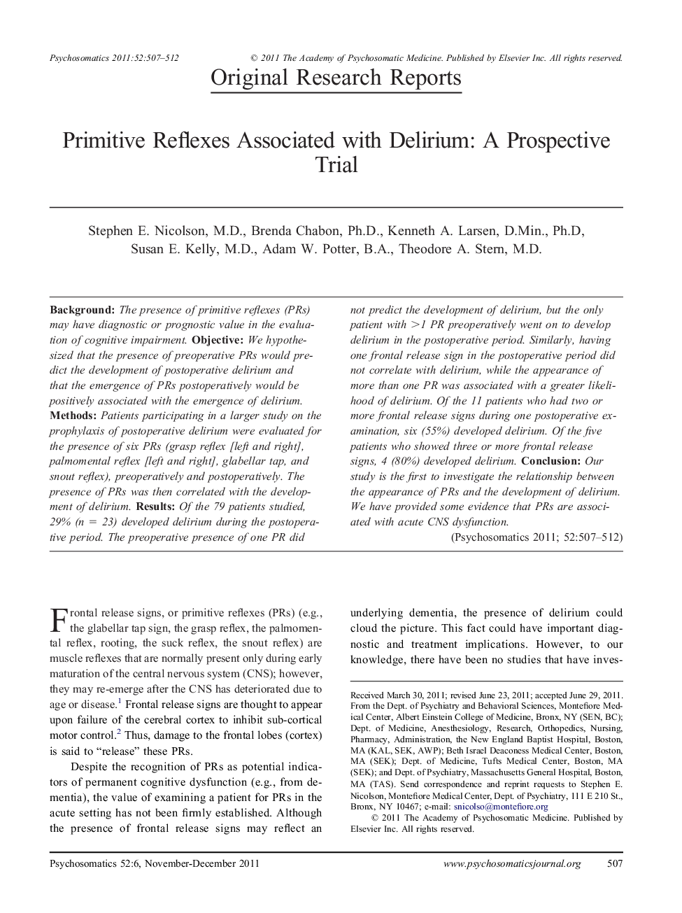 Primitive Reflexes Associated with Delirium: A Prospective Trial