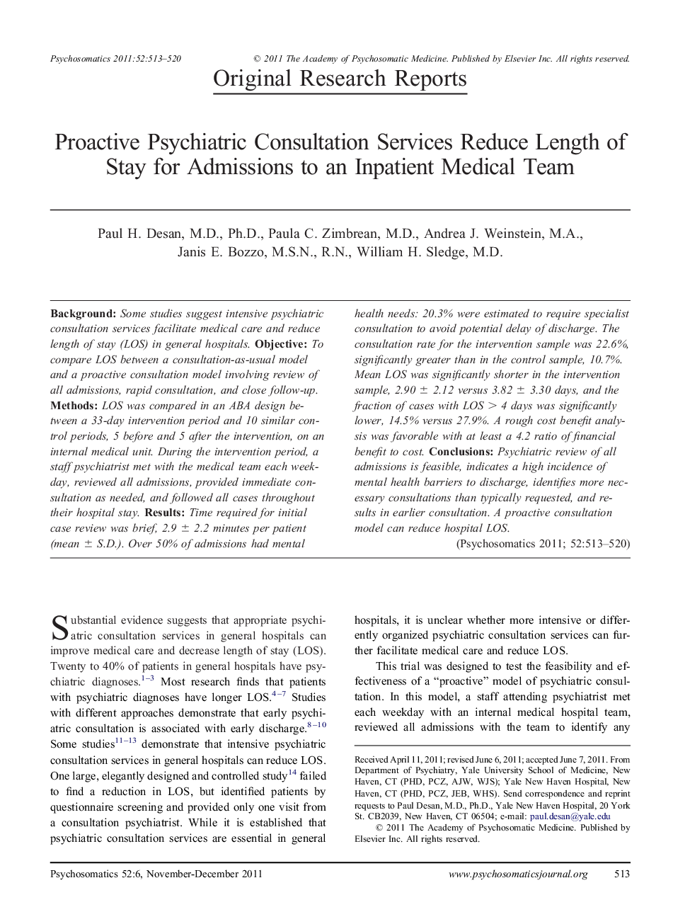 Proactive Psychiatric Consultation Services Reduce Length of Stay for Admissions to an Inpatient Medical Team
