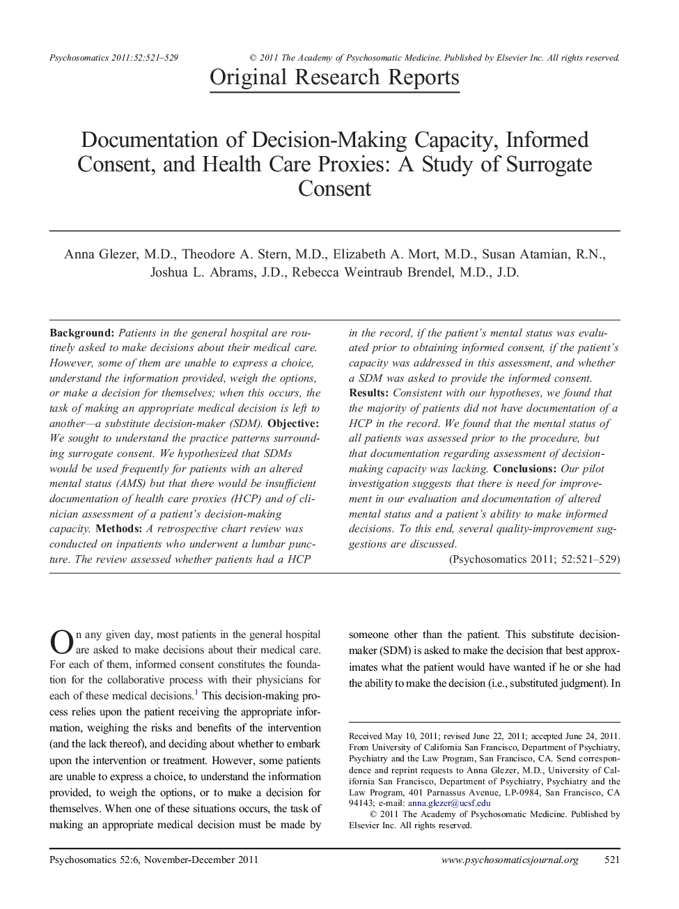 Documentation of Decision-Making Capacity, Informed Consent, and Health Care Proxies: A Study of Surrogate Consent