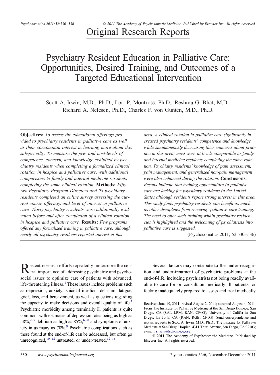 Psychiatry Resident Education in Palliative Care: Opportunities, Desired Training, and Outcomes of a Targeted Educational Intervention