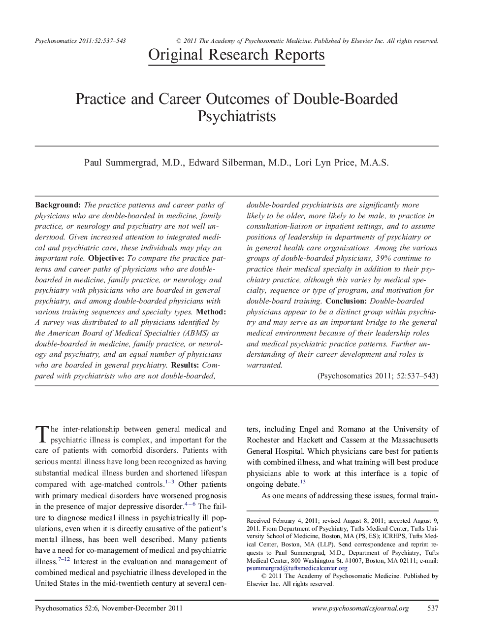 Practice and Career Outcomes of Double-Boarded Psychiatrists