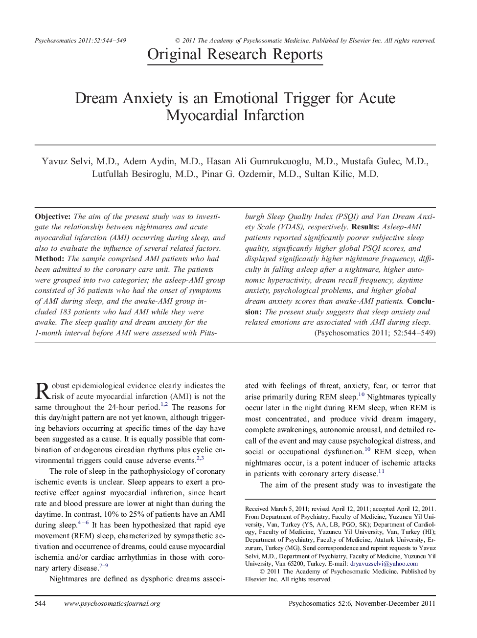 Dream Anxiety is an Emotional Trigger for Acute Myocardial Infarction