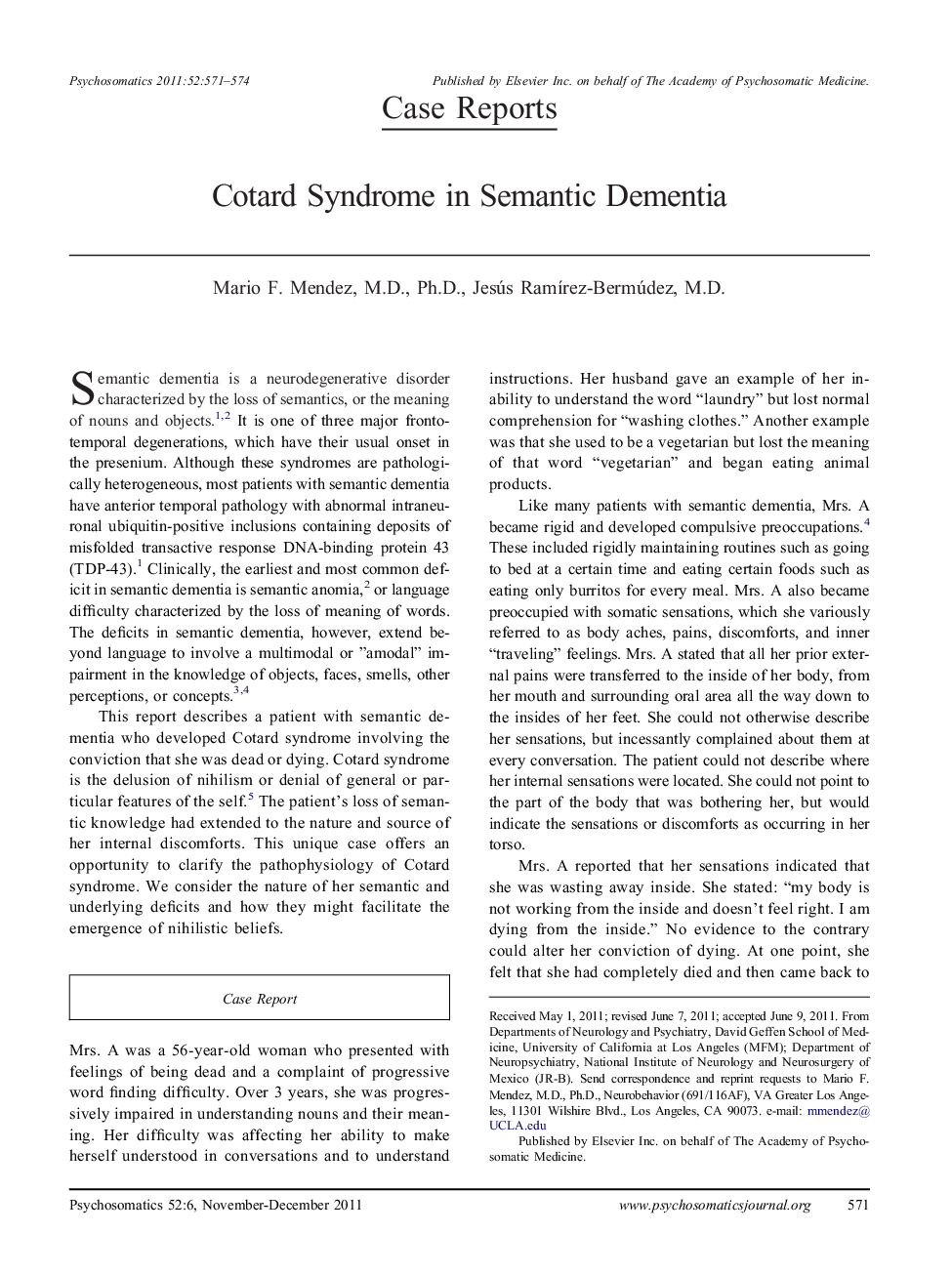 Cotard Syndrome in Semantic Dementia