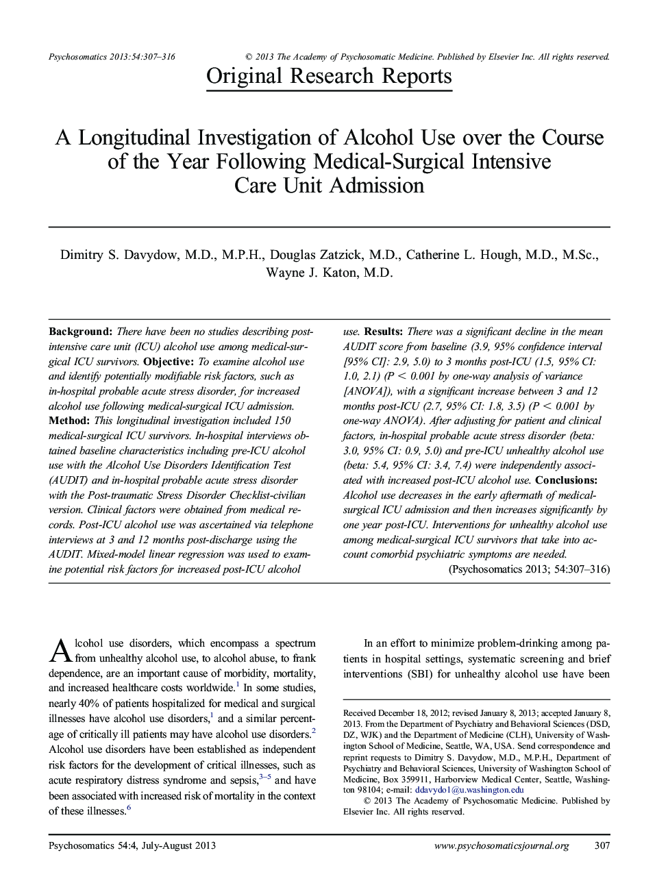 A Longitudinal Investigation of Alcohol Use over the Course of the Year Following Medical-Surgical Intensive Care Unit Admission