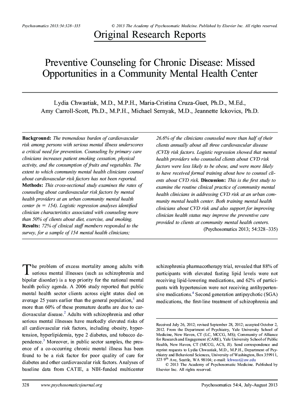 Preventive Counseling for Chronic Disease: Missed Opportunities in a Community Mental Health Center