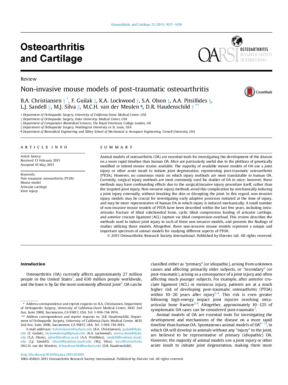 Non-invasive mouse models of post-traumatic osteoarthritis