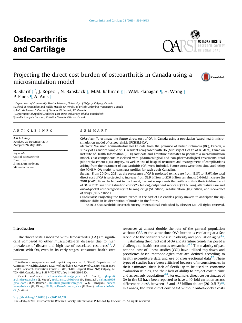 Projecting the direct cost burden of osteoarthritis in Canada using a microsimulation model