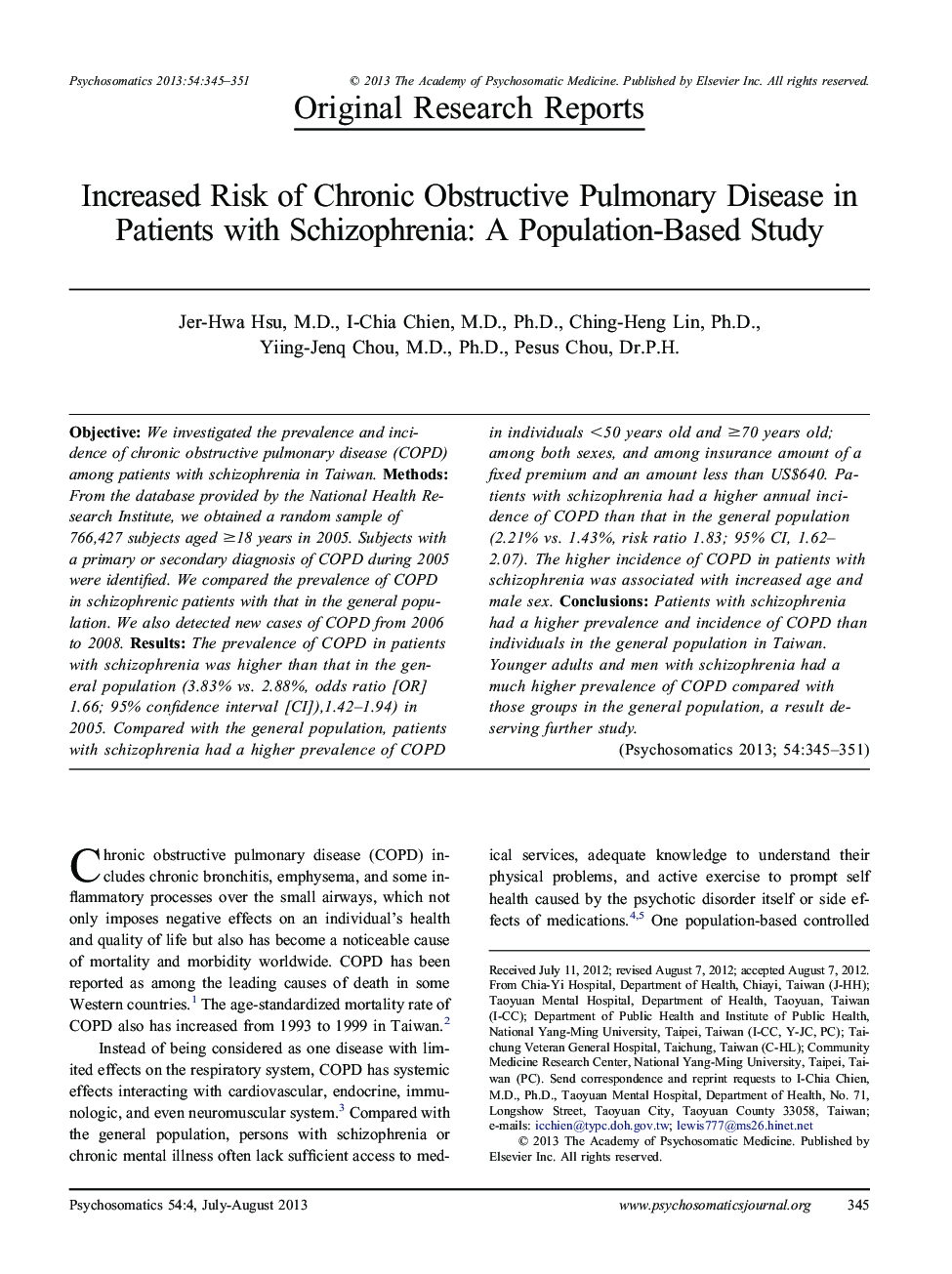 Increased Risk of Chronic Obstructive Pulmonary Disease in Patients with Schizophrenia: A Population-Based Study
