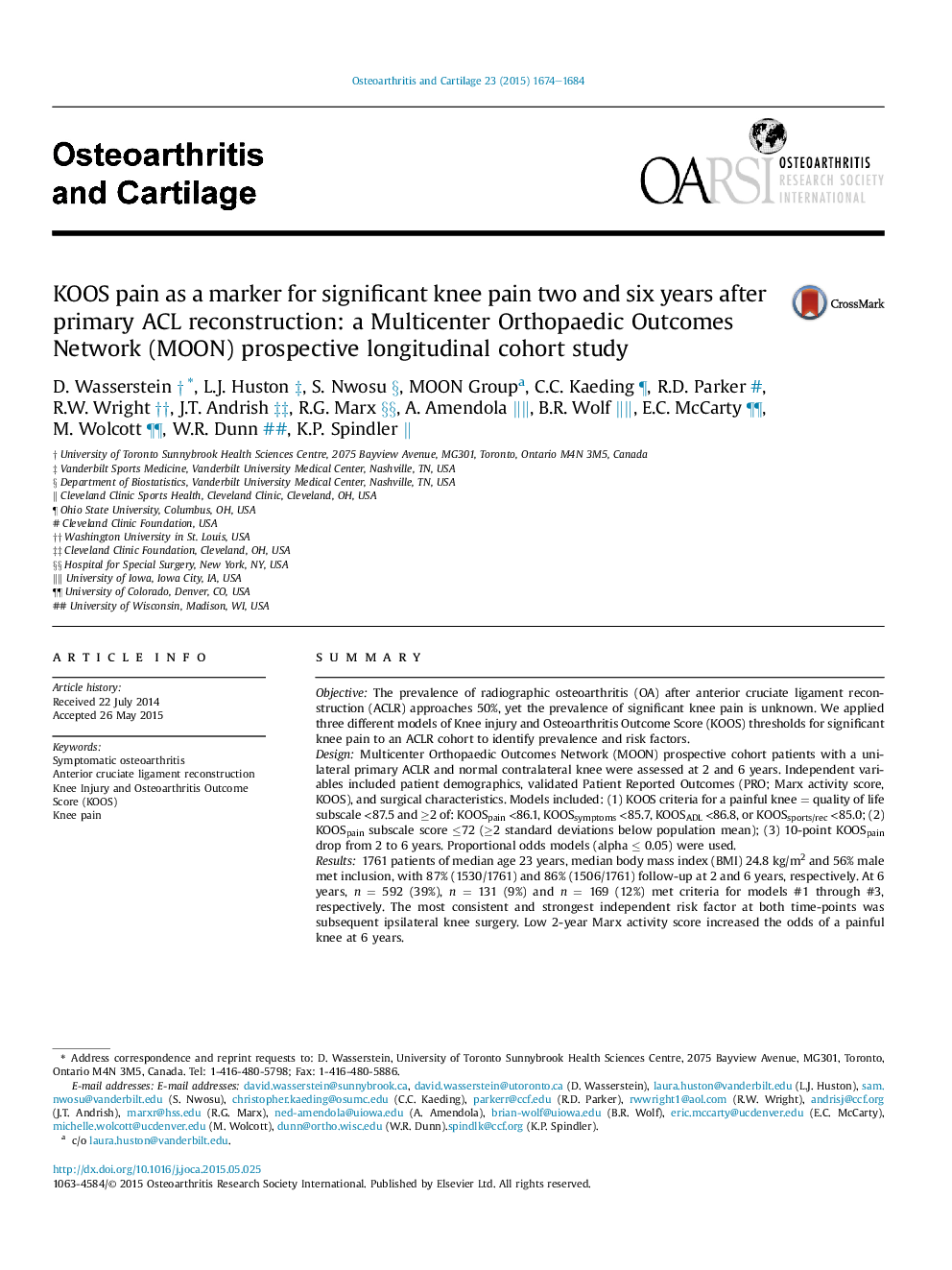 KOOS pain as a marker for significant knee pain two and six years after primary ACL reconstruction: a Multicenter Orthopaedic Outcomes Network (MOON) prospective longitudinal cohort study