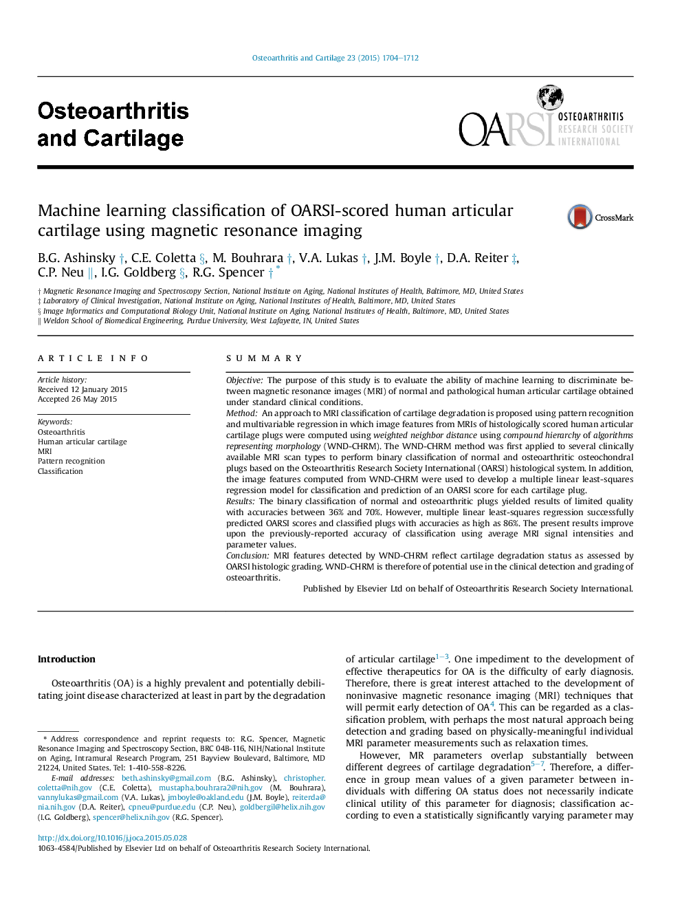 Machine learning classification of OARSI-scored human articular cartilage using magnetic resonance imaging