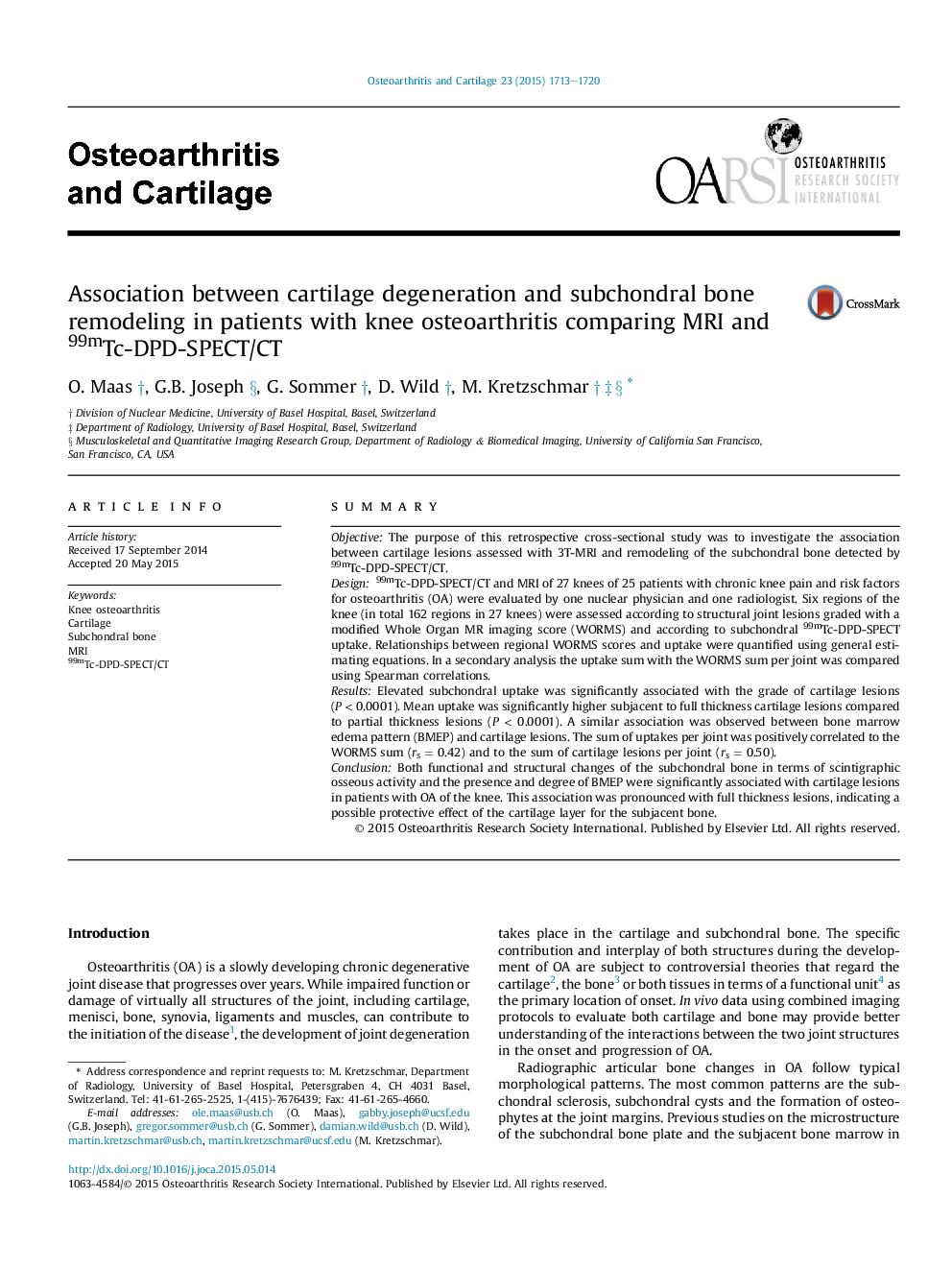 Association between cartilage degeneration and subchondral bone remodeling in patients with knee osteoarthritis comparing MRI and 99mTc-DPD-SPECT/CT