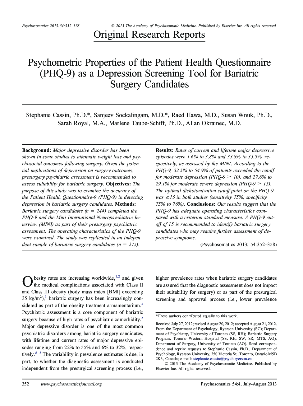 Psychometric Properties of the Patient Health Questionnaire (PHQ-9) as a Depression Screening Tool for Bariatric Surgery Candidates