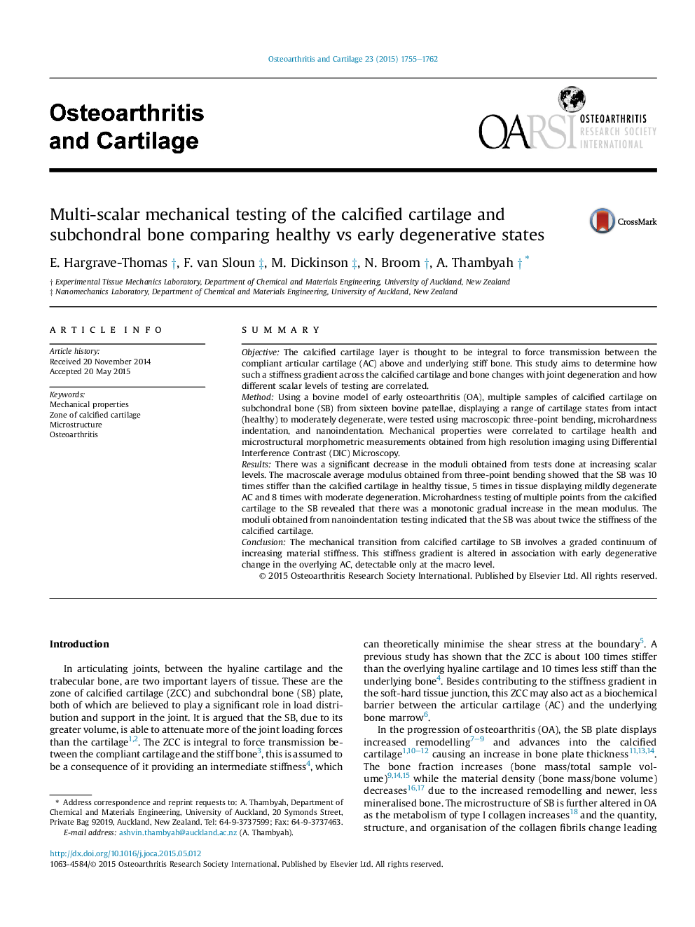 Multi-scalar mechanical testing of the calcified cartilage and subchondral bone comparing healthy vs early degenerative states