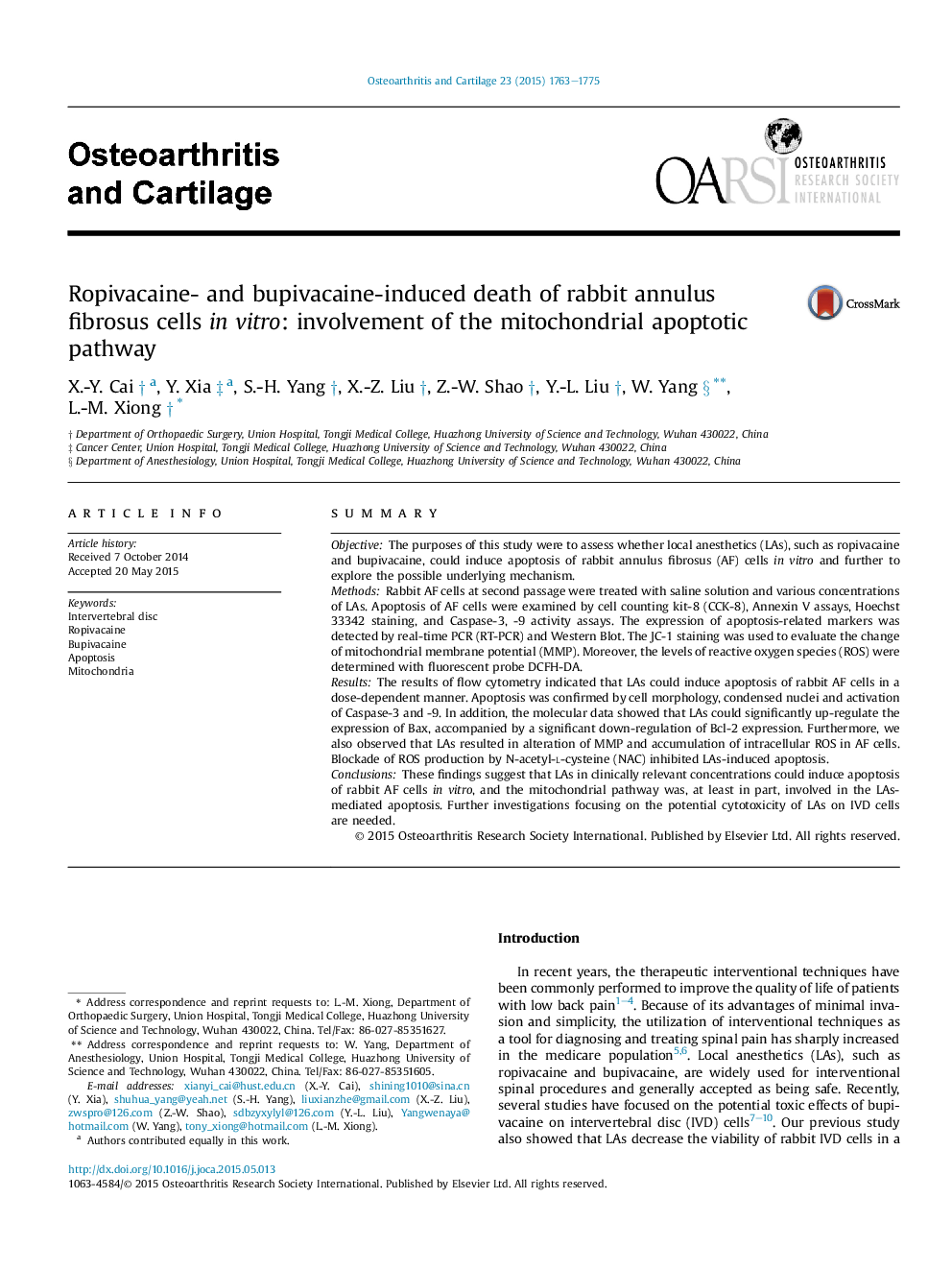 Ropivacaine- and bupivacaine-induced death of rabbit annulus fibrosus cells in vitro: involvement of the mitochondrial apoptotic pathway