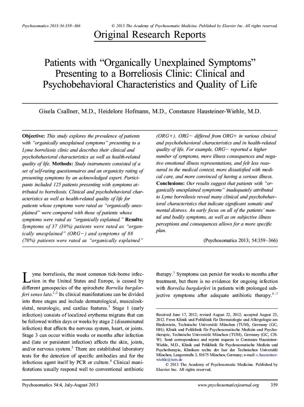 Patients with “Organically Unexplained Symptoms” Presenting to a Borreliosis Clinic: Clinical and Psychobehavioral Characteristics and Quality of Life