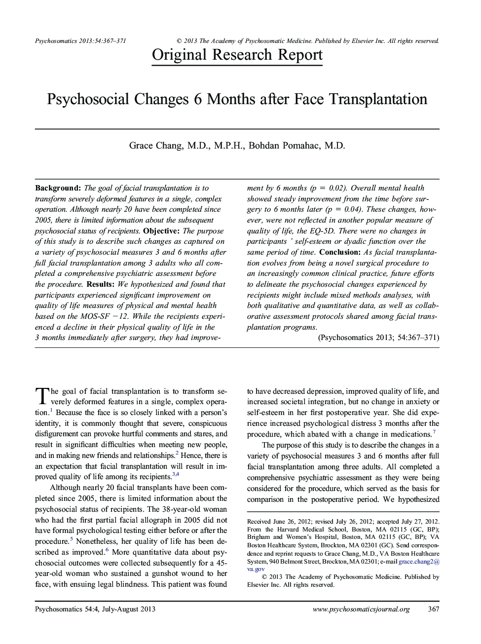 Psychosocial Changes 6 Months after Face Transplantation