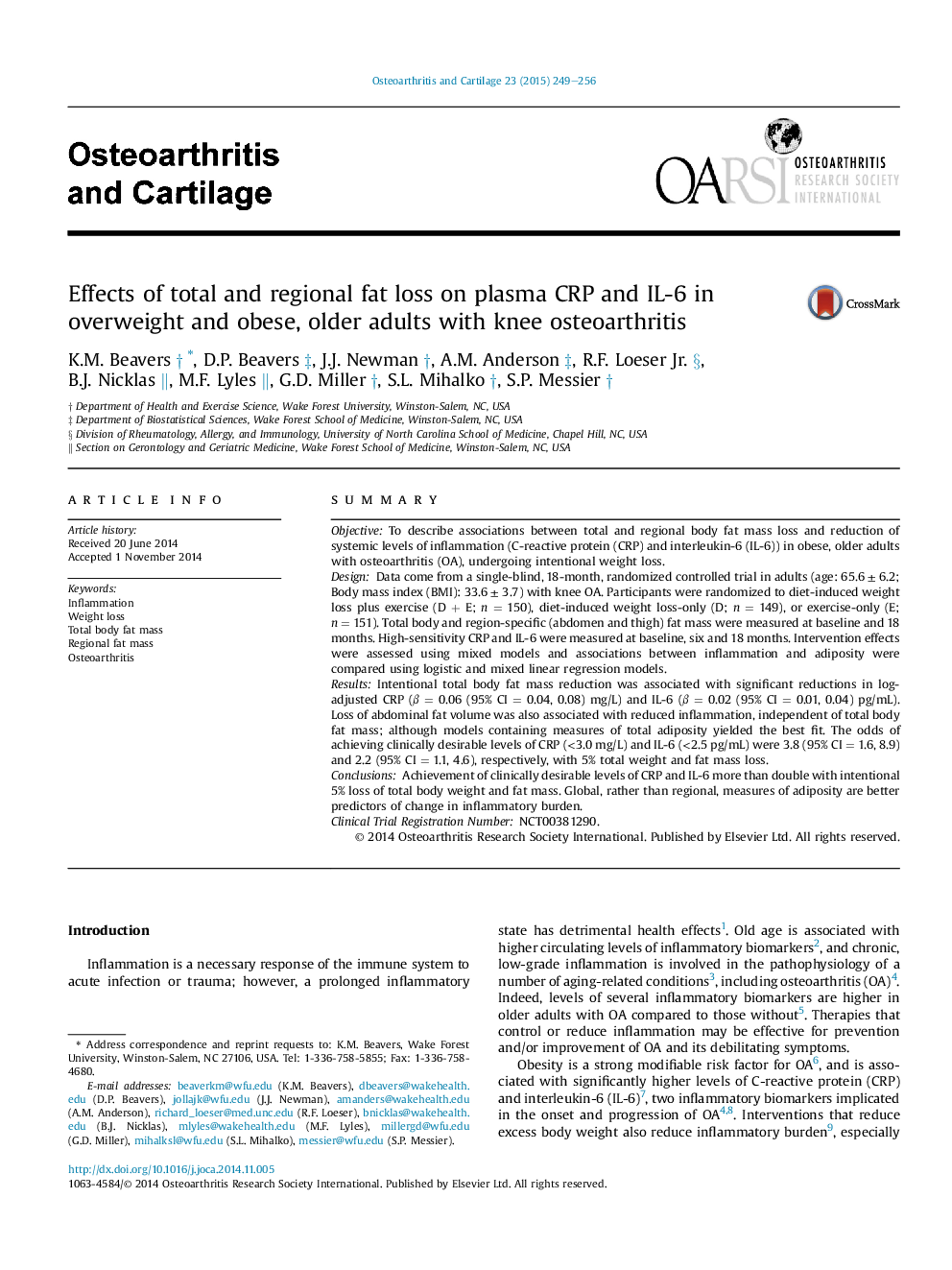 Effects of total and regional fat loss on plasma CRP and IL-6 in overweight and obese, older adults with knee osteoarthritis