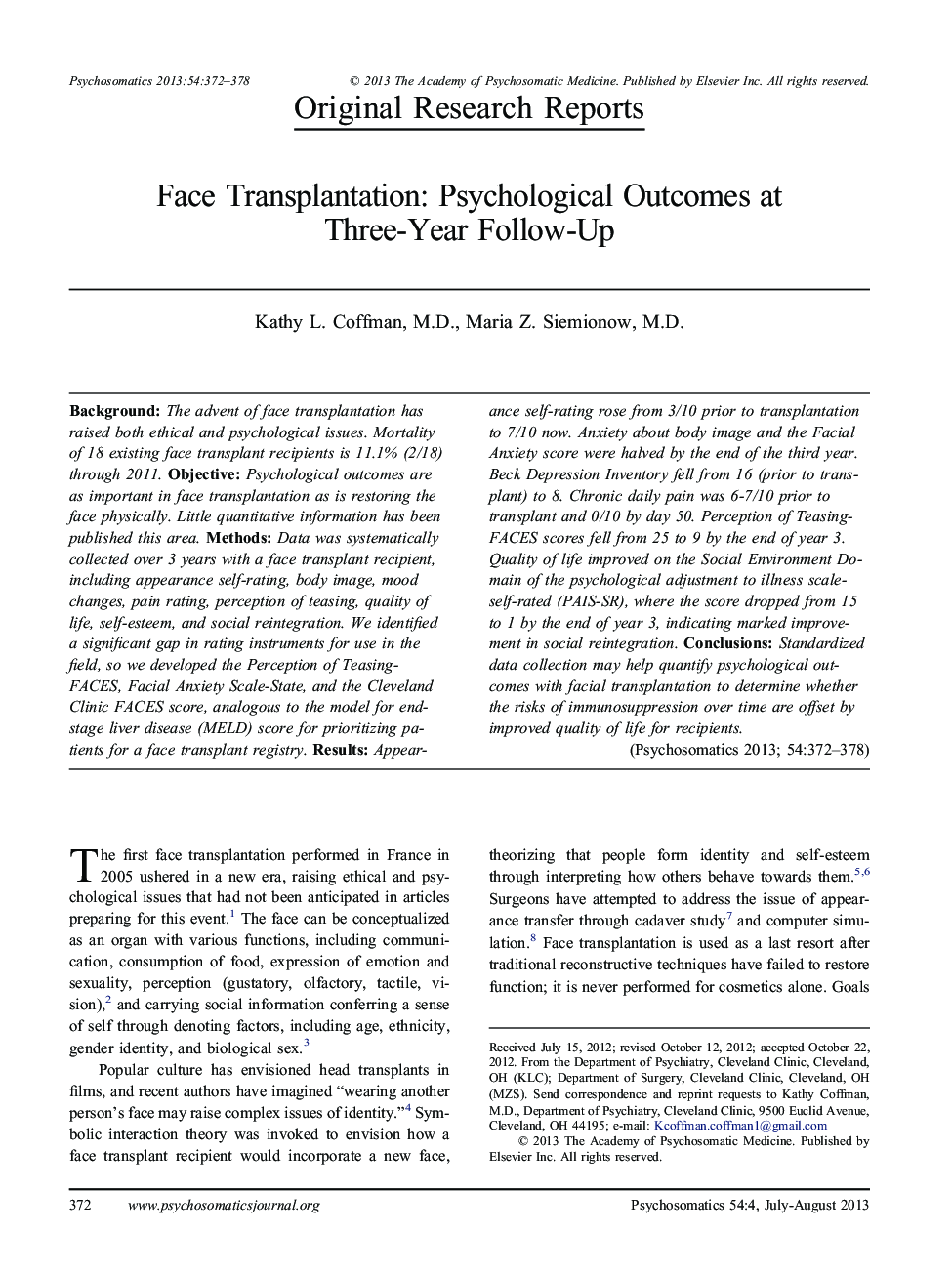 Face Transplantation: Psychological Outcomes at Three-Year Follow-Up