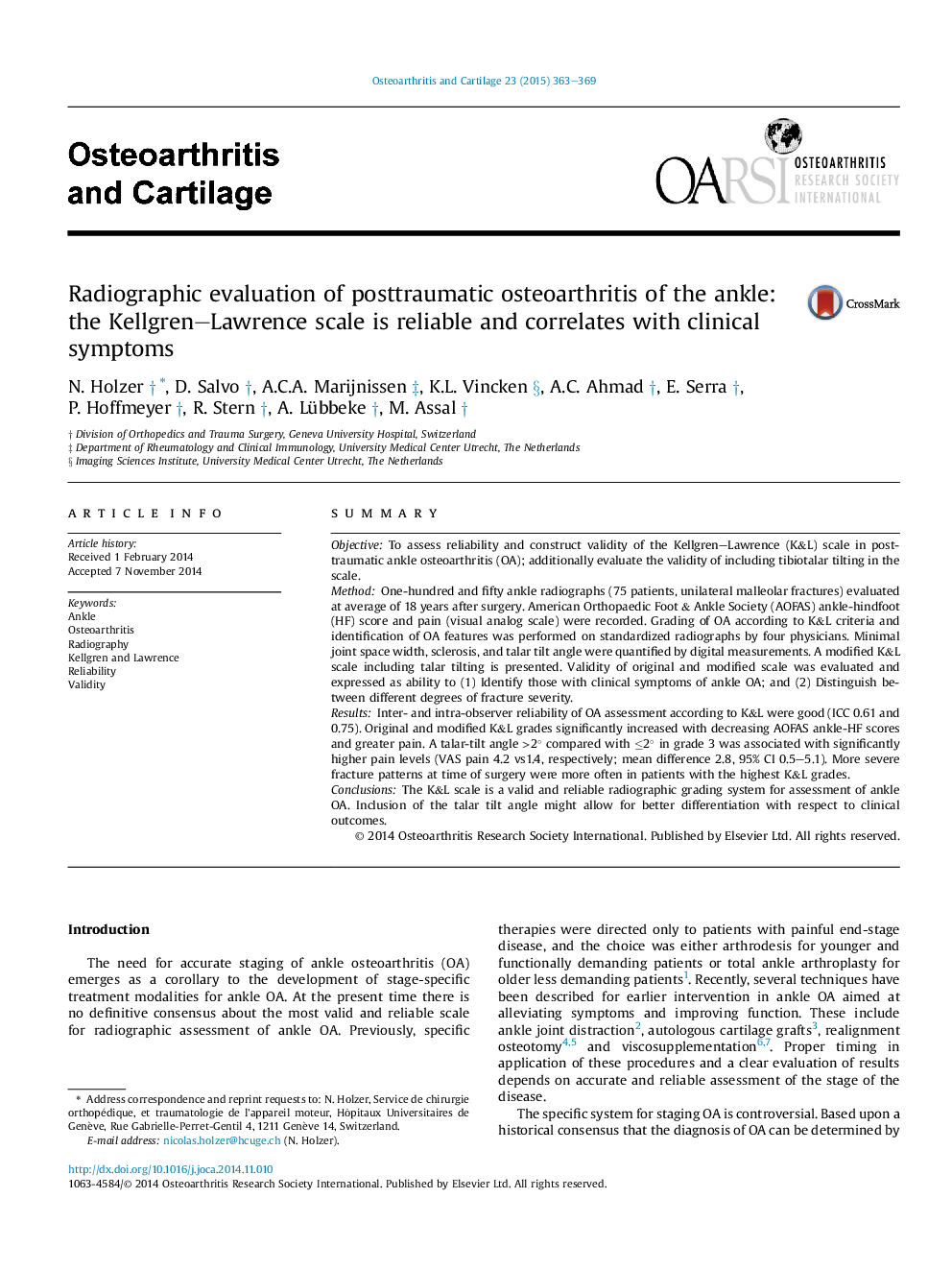 Radiographic evaluation of posttraumatic osteoarthritis of the ankle: the Kellgren–Lawrence scale is reliable and correlates with clinical symptoms