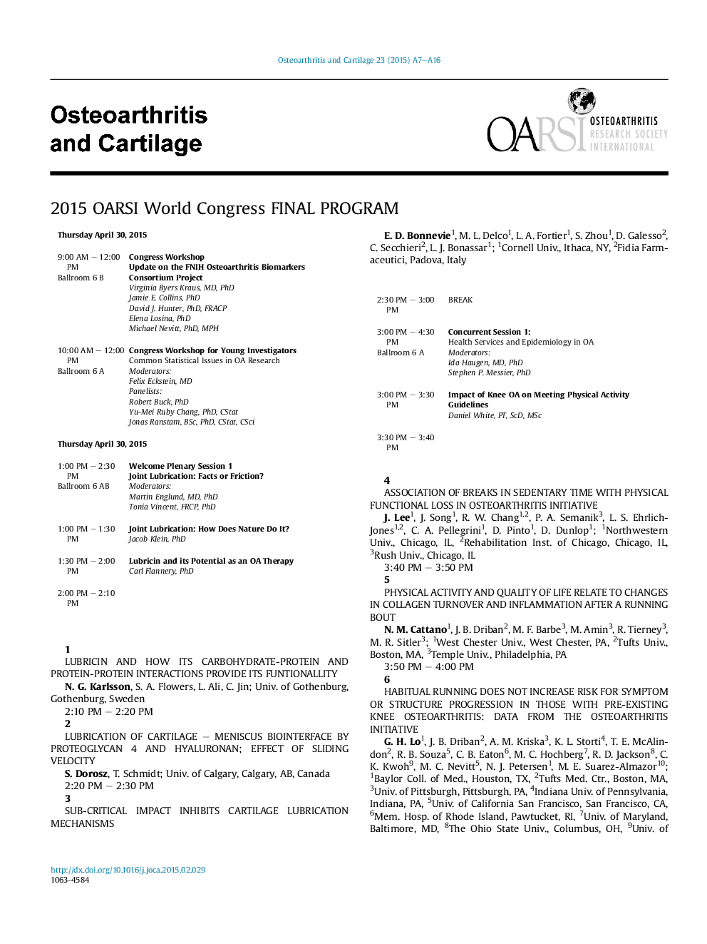 2015 OARSI World Congress FINAL PROGRAM