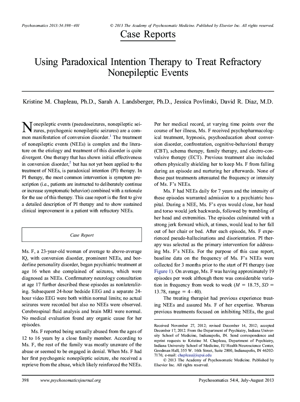 Using Paradoxical Intention Therapy to Treat Refractory Nonepileptic Events