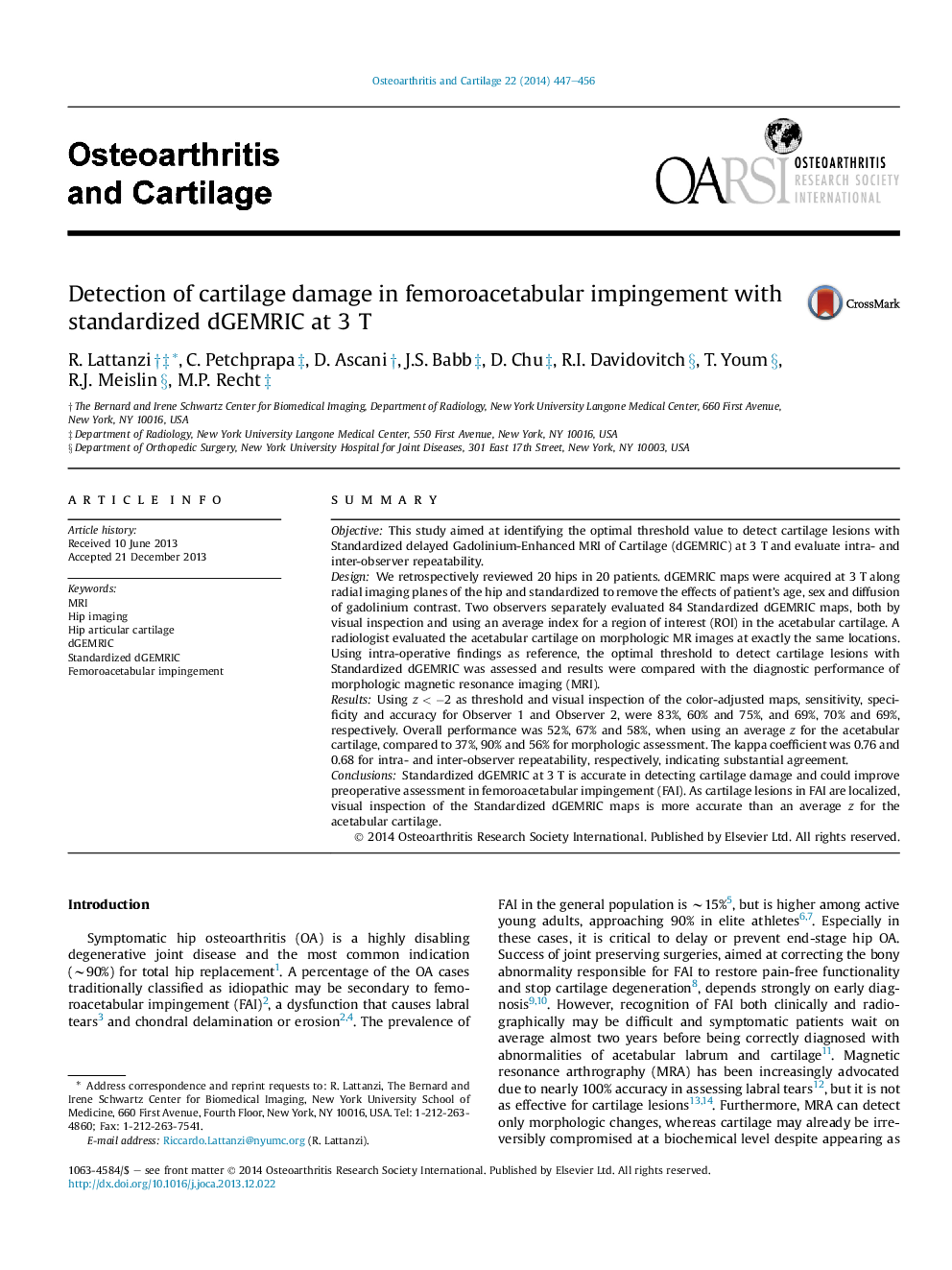 Detection of cartilage damage in femoroacetabular impingement with standardized dGEMRIC at 3 T