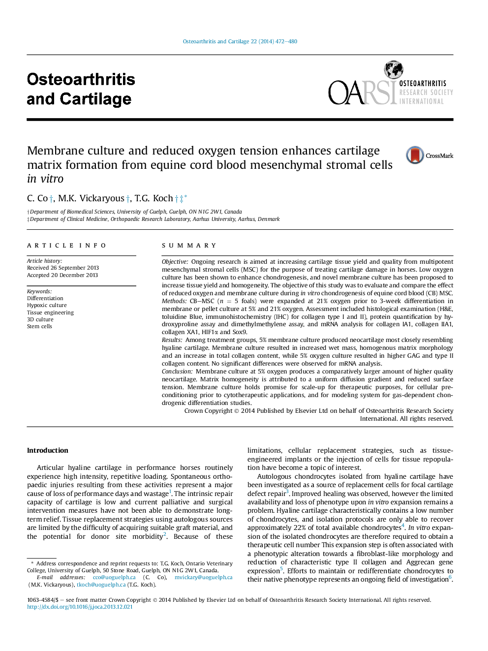 Membrane culture and reduced oxygen tension enhances cartilage matrix formation from equine cord blood mesenchymal stromal cells in vitro