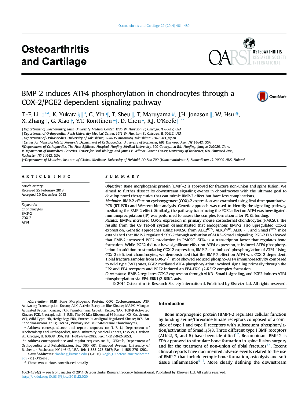 BMP-2 induces ATF4 phosphorylation in chondrocytes through a COX-2/PGE2 dependent signaling pathway