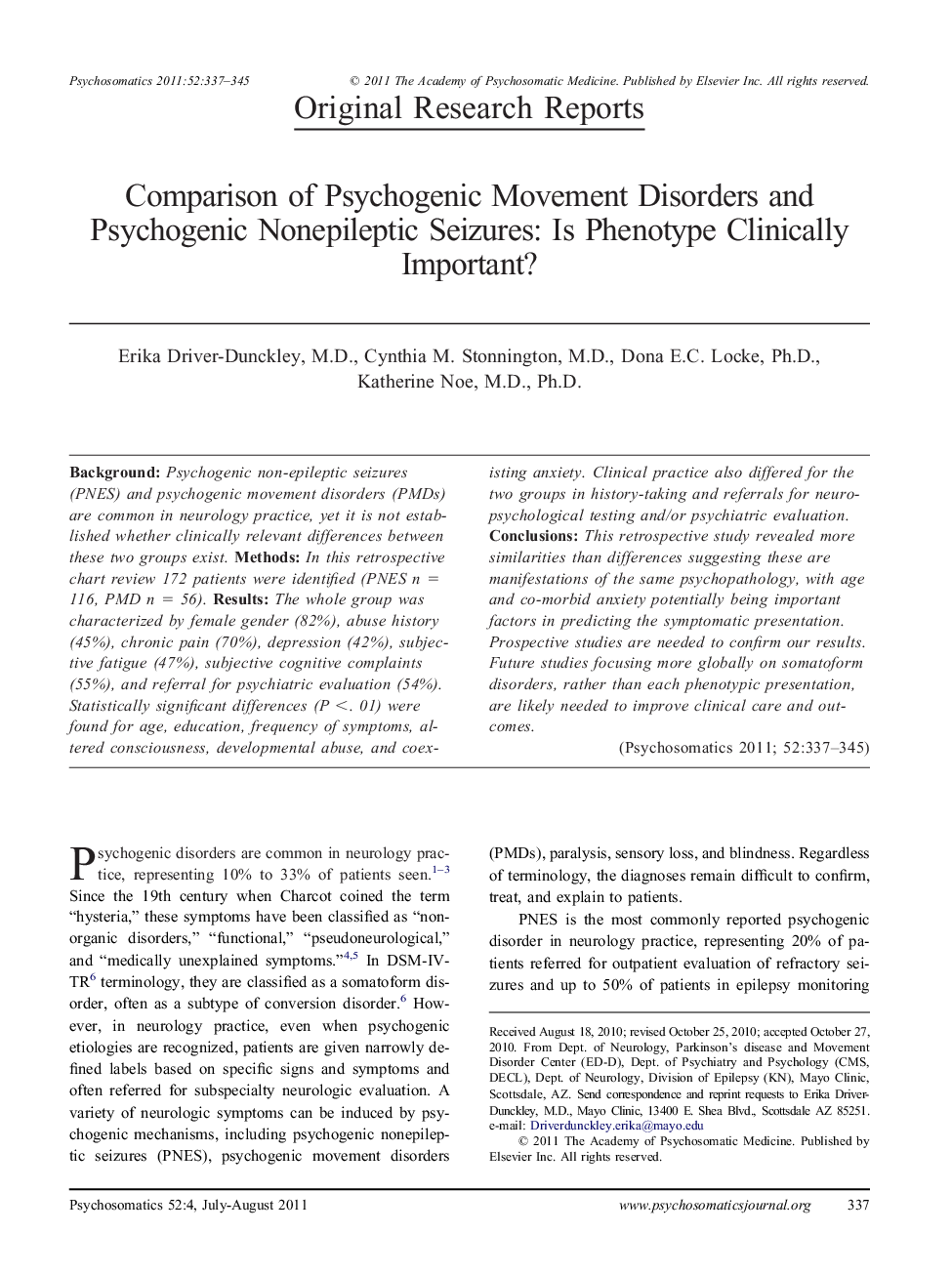 Comparison of Psychogenic Movement Disorders and Psychogenic Nonepileptic Seizures: Is Phenotype Clinically Important?
