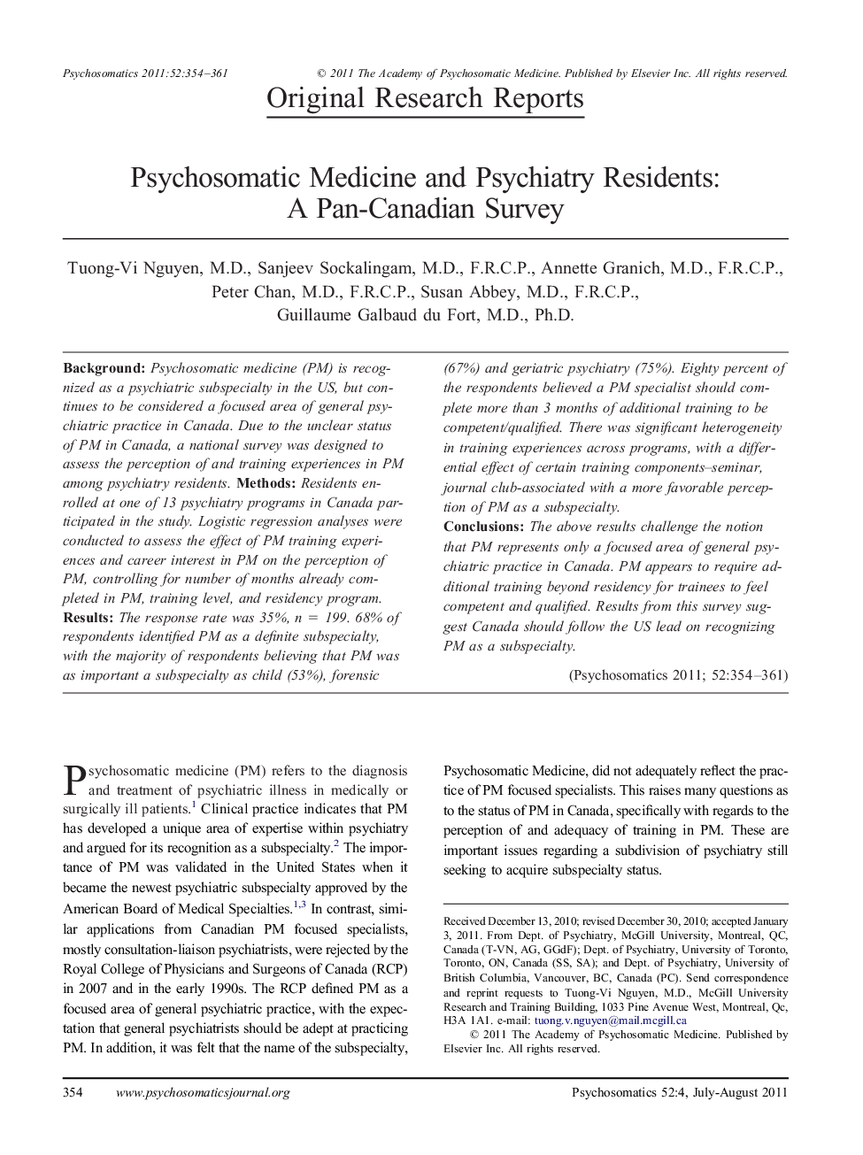 Psychosomatic Medicine and Psychiatry Residents: A Pan-Canadian Survey