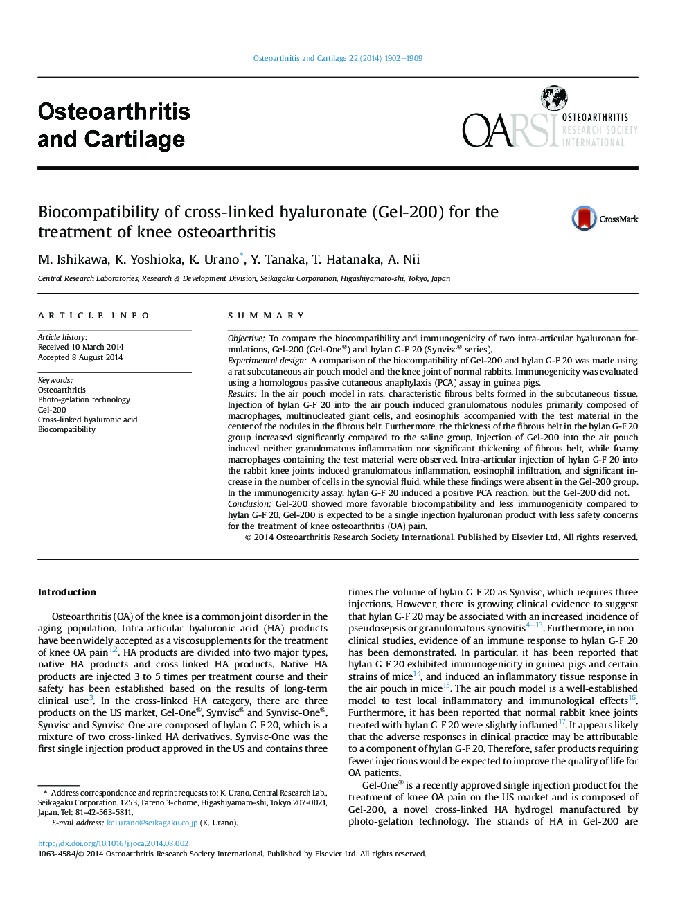 Biocompatibility of cross-linked hyaluronate (Gel-200) for the treatment of knee osteoarthritis