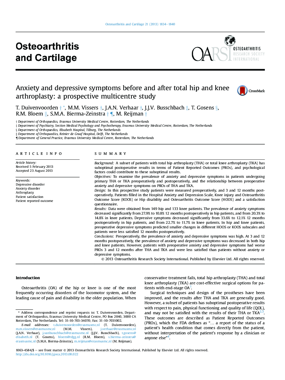 Anxiety and depressive symptoms before and after total hip and knee arthroplasty: a prospective multicentre study