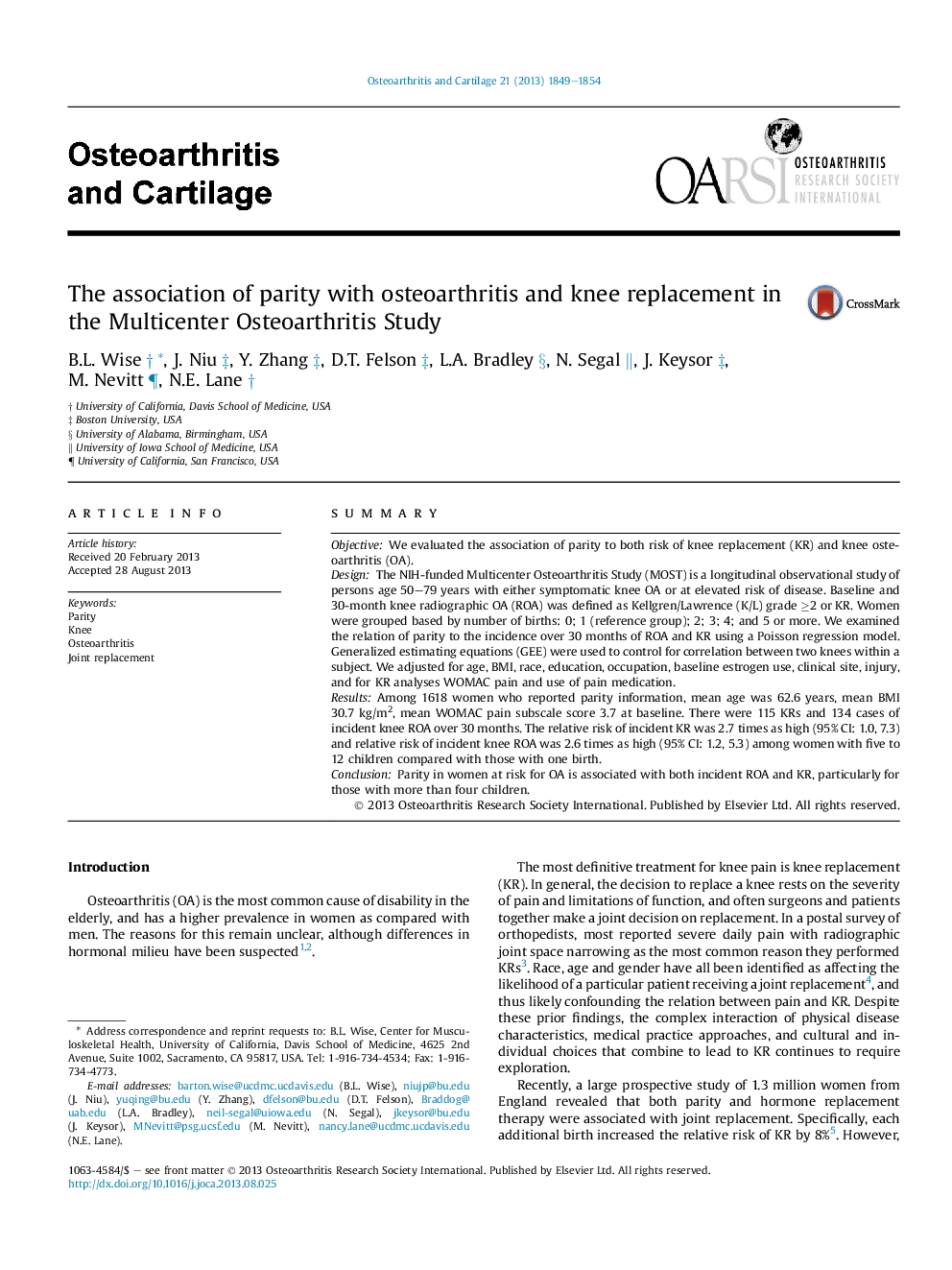 The association of parity with osteoarthritis and knee replacement in the Multicenter Osteoarthritis Study