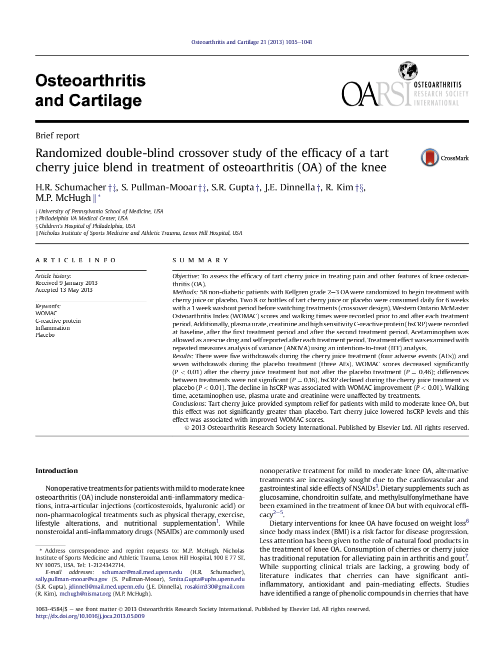 Randomized double-blind crossover study of the efficacy of a tart cherry juice blend in treatment of osteoarthritis (OA) of the knee