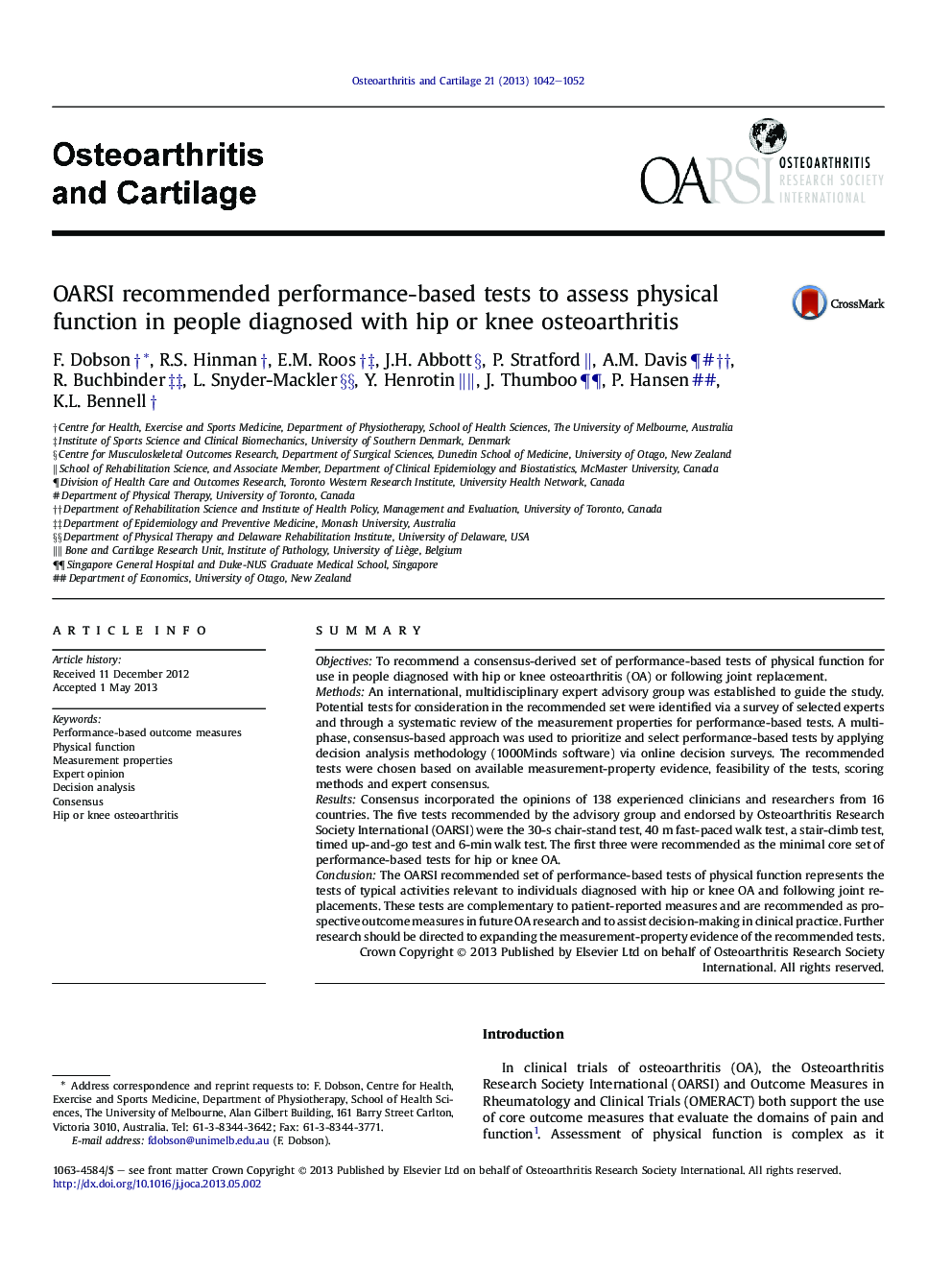 OARSI recommended performance-based tests to assess physical function in people diagnosed with hip or knee osteoarthritis