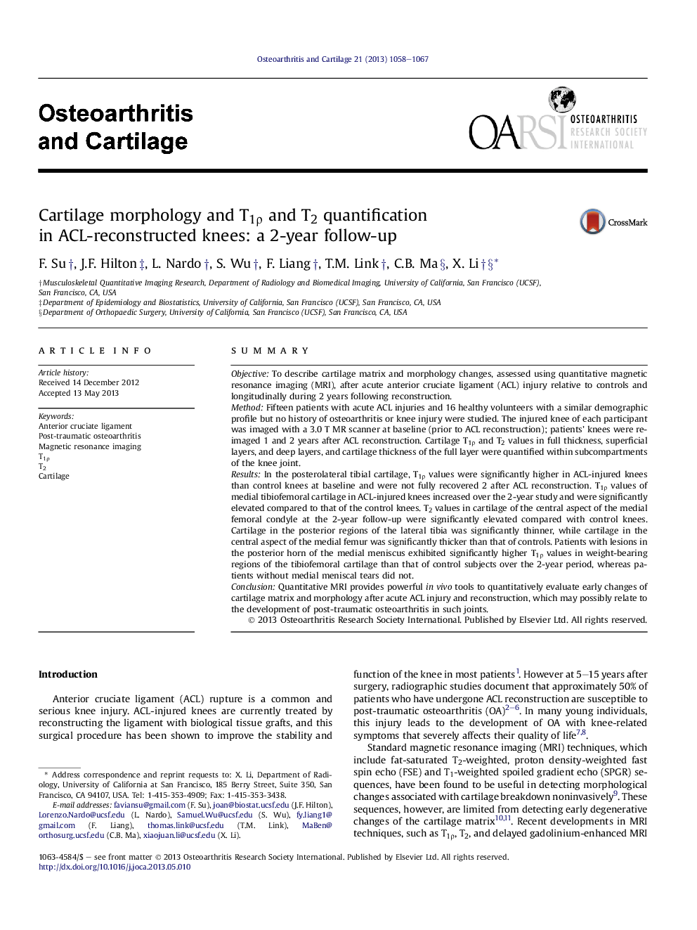 Cartilage morphology and T1ρ and T2 quantification in ACL-reconstructed knees: a 2-year follow-up