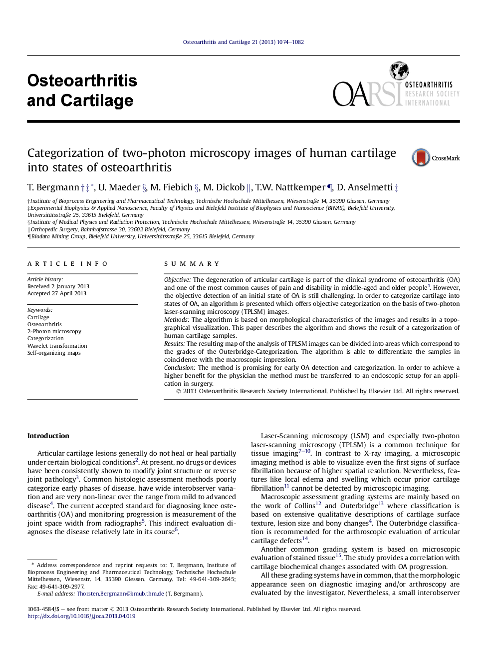 Categorization of two-photon microscopy images of human cartilage into states of osteoarthritis