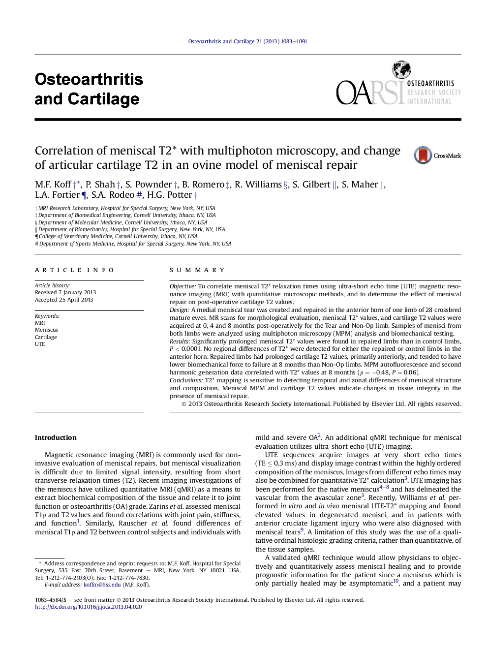 Correlation of meniscal T2* with multiphoton microscopy, and change of articular cartilage T2 in an ovine model of meniscal repair