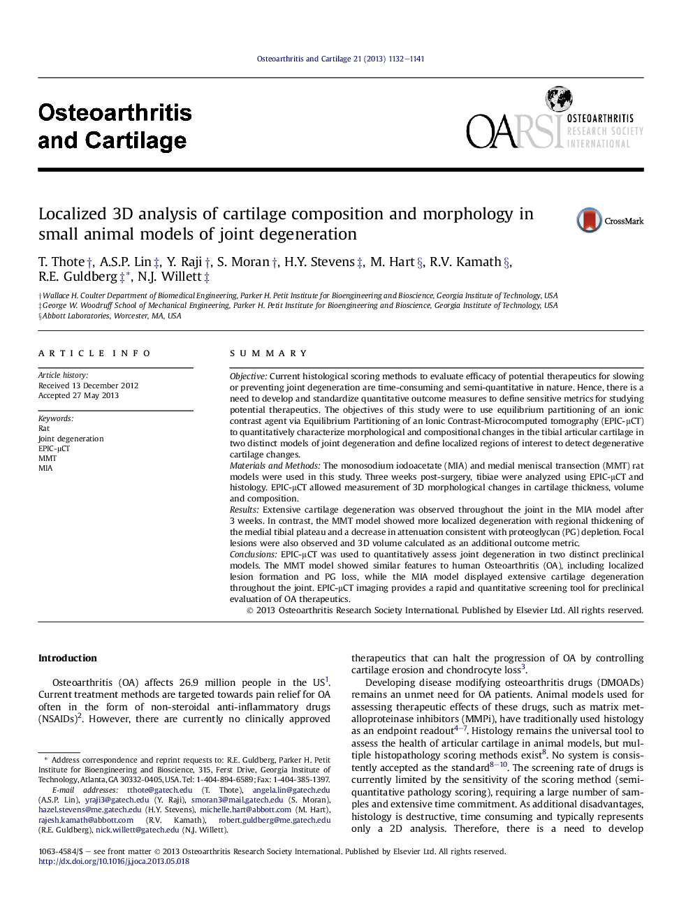 Localized 3D analysis of cartilage composition and morphology in small animal models of joint degeneration