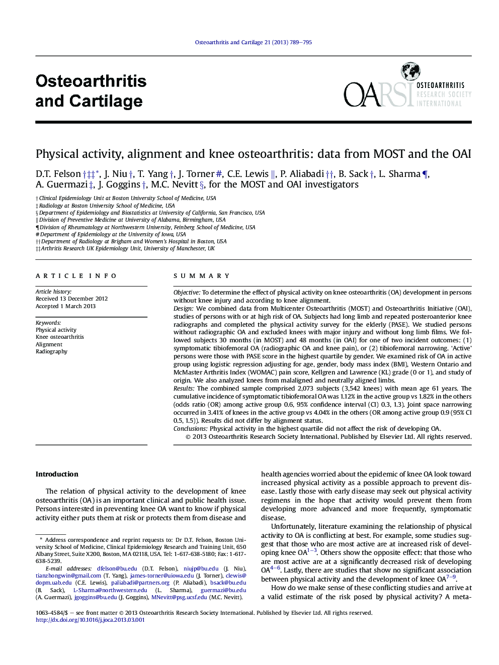 Physical activity, alignment and knee osteoarthritis: data from MOST and the OAI