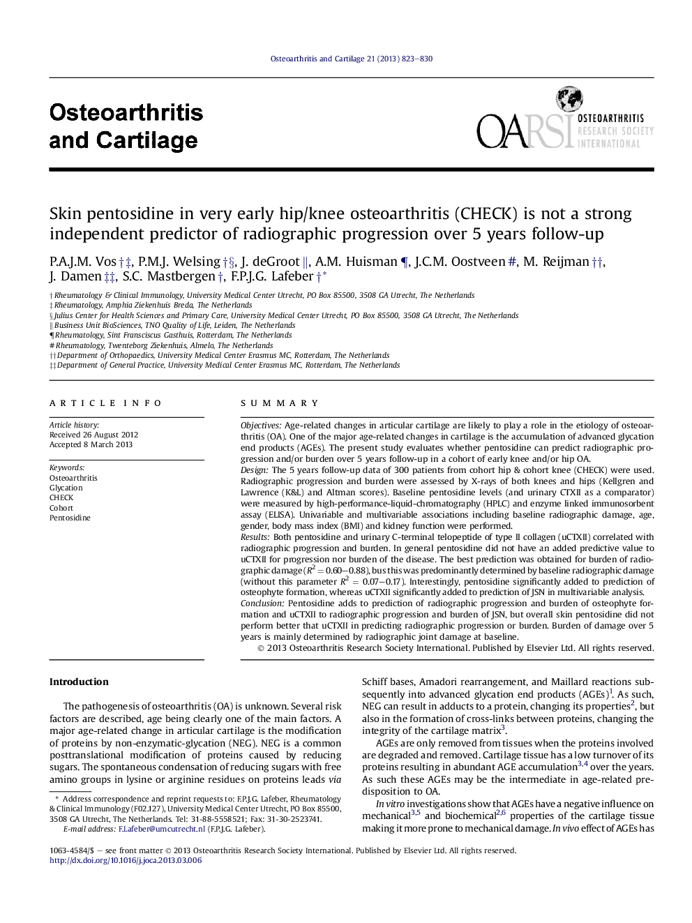 Skin pentosidine in very early hip/knee osteoarthritis (CHECK) is not a strong independent predictor of radiographic progression over 5 years follow-up