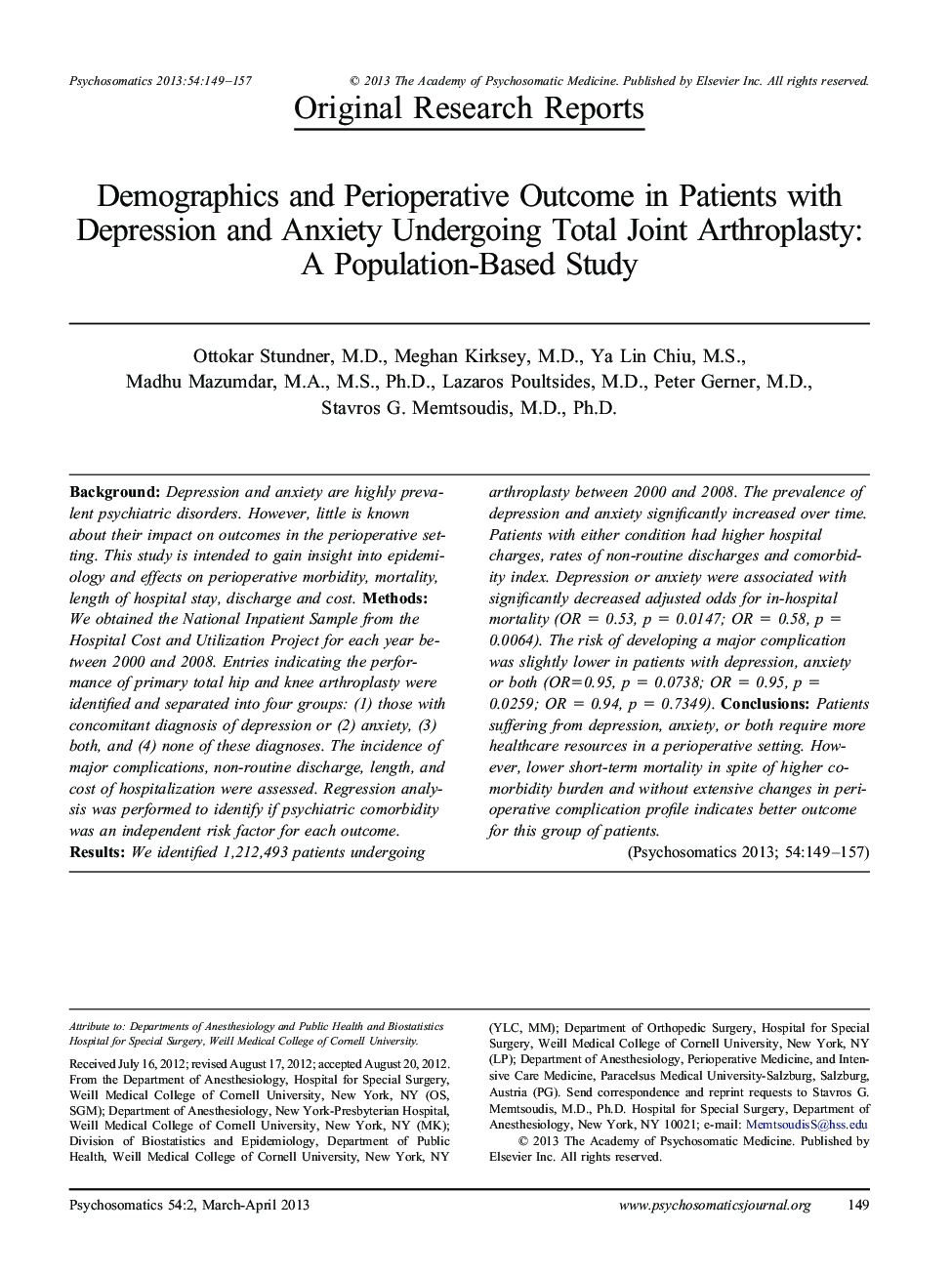 Demographics and Perioperative Outcome in Patients with Depression and Anxiety Undergoing Total Joint Arthroplasty: A Population-Based Study 